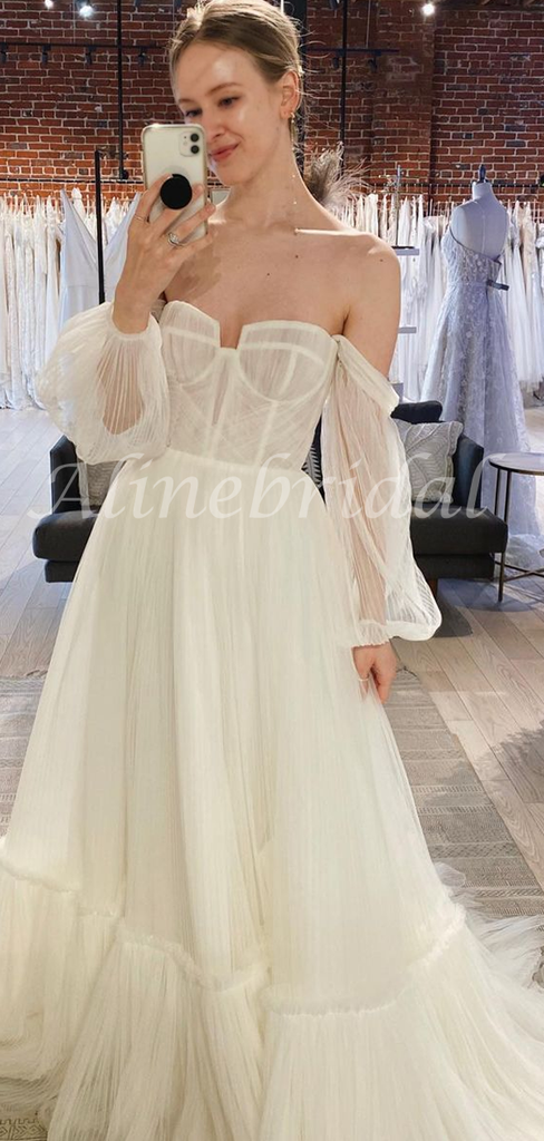 Strapless Off-shoulder Sleeve A-line Tulle Long Wedding Dress, PD3028