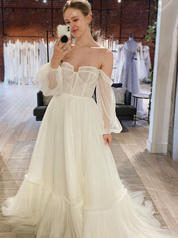 Strapless Off-shoulder Sleeve A-line Tulle Long Wedding Dress, WD3028 AlineBridal Strapless Off-shoulder Sleeve A-line Tulle Long Wedding Dress, WD3028 AlineBridal