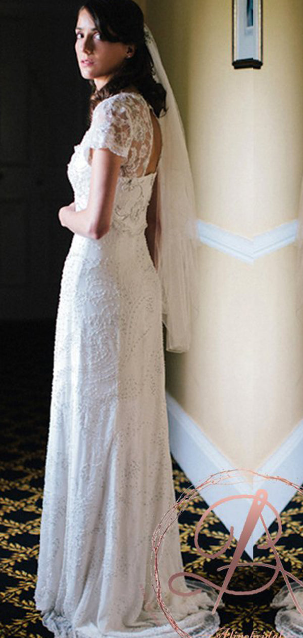 square neck short sleeve wedding dress Charming A-Line Square Neck Short Sleeves Wedding Dresses with Train Diamond White / 12