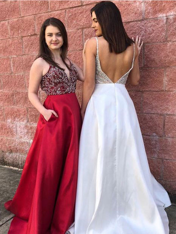 Stunning Beaded Top Backless V neck Prom Dresses For Teens PD000101 AlineBridal