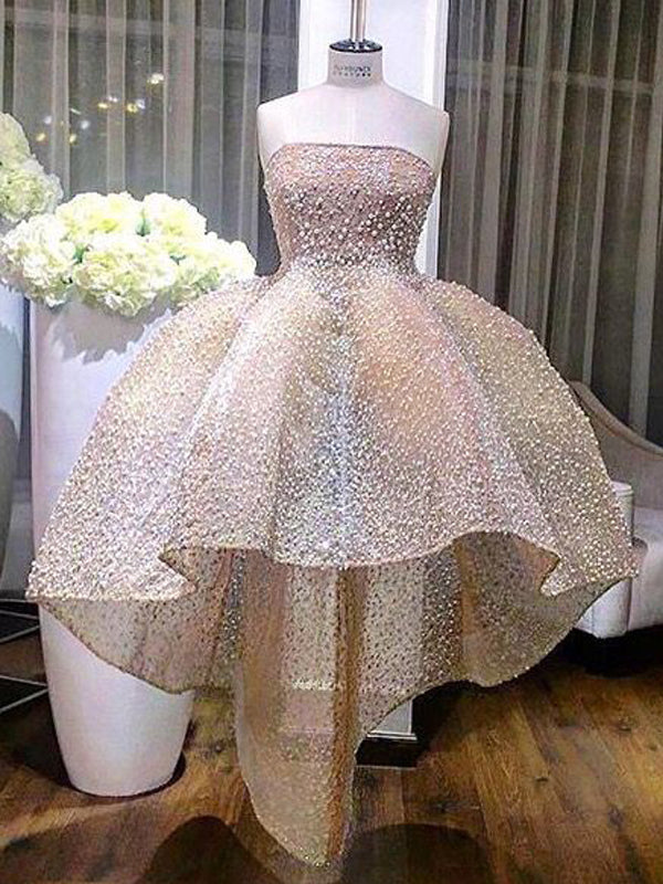 Stunning Beading Strapless Ball Gown High Low Homecoming Dresses