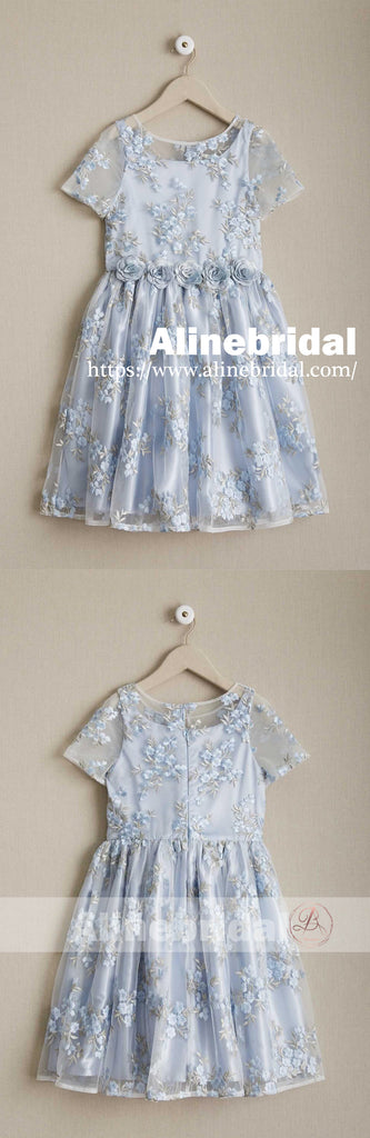 Stunning Blue Organza Lace Round Neck Short Sleeve Flower Girl Dresses, FGS086