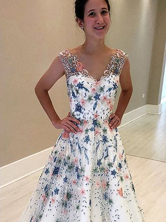 Stunning Floral Beading White V-neck Prom Dresses.PD00216