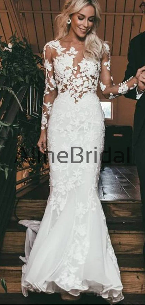 Stunning Lace Applique Illusion Long Sleeve Mermaid With Train Wedding Dresses, AB1552
