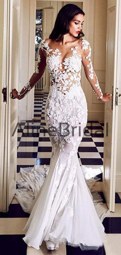 Stunning Lace Applique Illusion Long Sleeve Mermaid With Train Wedding Dresses, AB1552