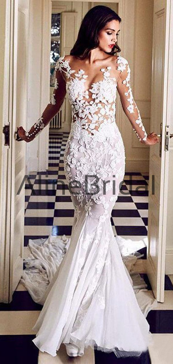 Stunning Lace Applique Illusion Long Sleeve Mermaid With Train Wedding AlineBridal