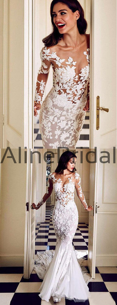 Stunning Lace Applique Illusion Long Sleeve Mermaid With Train Wedding Dresses, AB1552