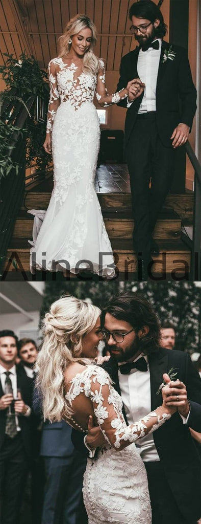 Stunning Lace Applique Illusion Long Sleeve Mermaid With Train Wedding Dresses, AB1552