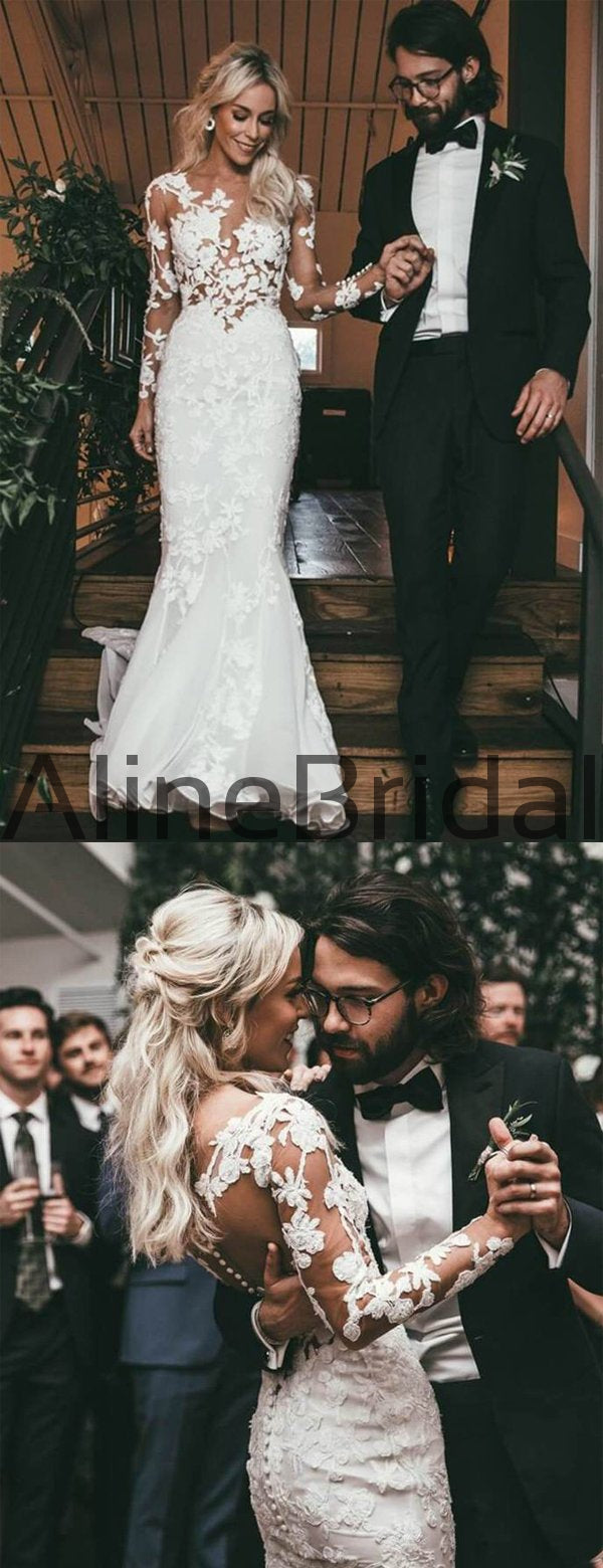 Stunning Lace Applique Illusion Long Sleeve Mermaid With Train Wedding –  AlineBridal