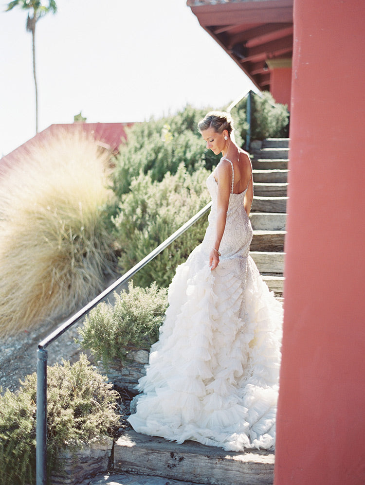 Shop beading spaghetti straps ruffled white mermaid wedding dress