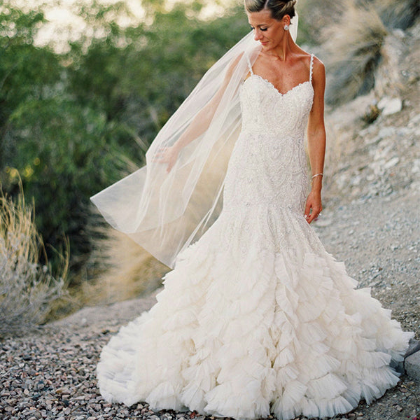 Stunning Lace Bead Ruffles Tulle Spaghetti Strap Wedding Dresses, AB1158