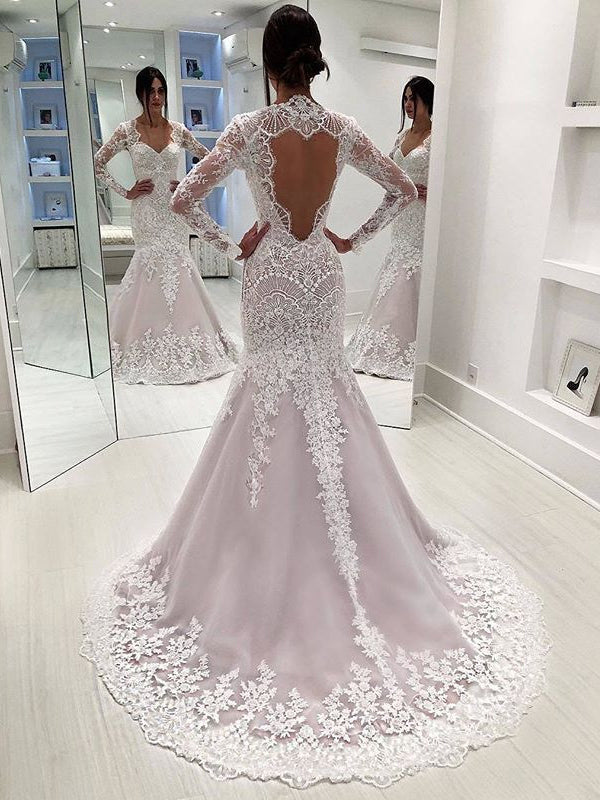 Stunning Lace Sequins Long Sleeve Mermaid Open Back Wedding Dresses, A AlineBridal Stunning Lace Sequins Long Sleeve Mermaid Open Back Wedding Dresses, A AlineBridal