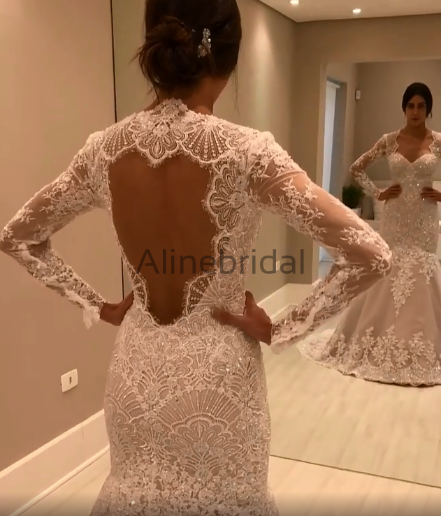 Gorgeous Ivory Backless Lace Mermaid Long Wedding Dresses with Appliques,  MW155