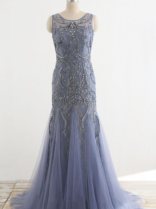 Stunning Lavender Tulle Beaded Lace Scoop Neck Sleeveless  Mermaid Prom Dresses,PD00064