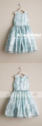 Stunning Light Blue Lace Cute Round Neck Flower Girl Dresses, FGS063