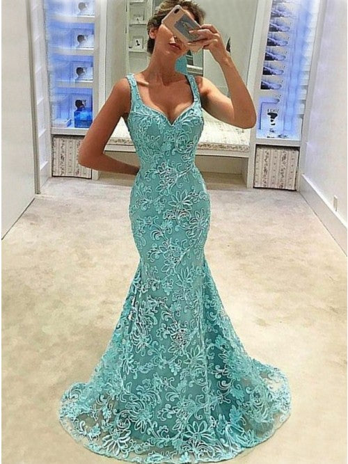 Stunning Light Blue Lace Sleeveless Mermaid Long Elegant Prom