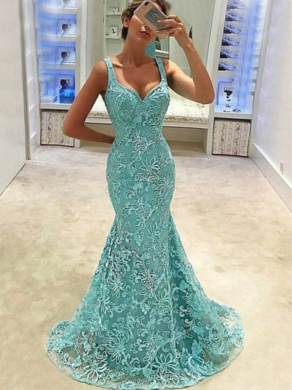 Stunning Light Blue Lace Sleeveless Mermaid Long Elegant Prom Dresses, – AlineBridal