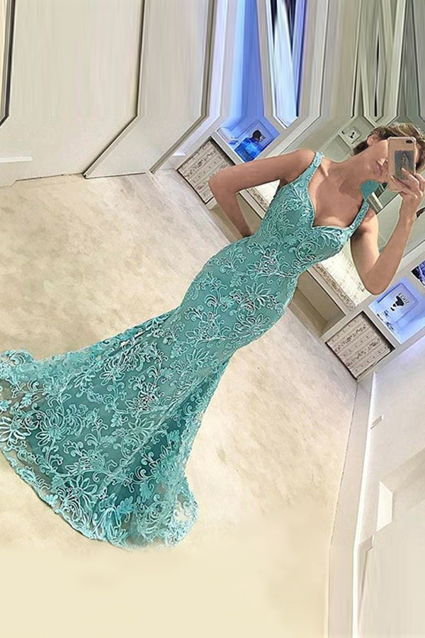 Stunning Light Blue Lace Sleeveless Mermaid Long Elegant Prom Dresses,PD00067