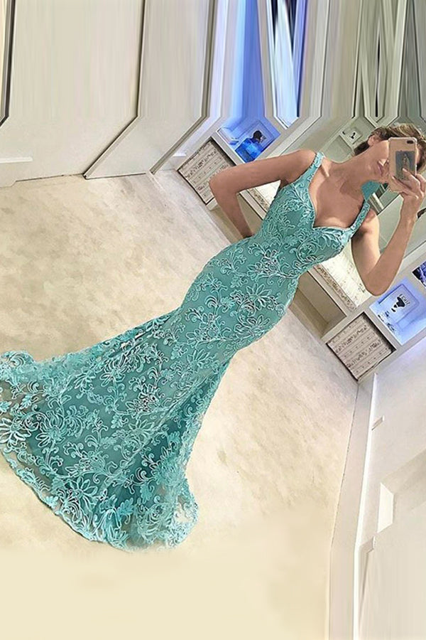Stunning Light Blue Lace Sleeveless Mermaid Long Elegant Prom Dresses, – AlineBridal