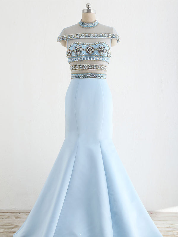 Stunning Pale Blue Beaded See Through Top Cap Sleeve Mermaid Prom Dres –  AlineBridal