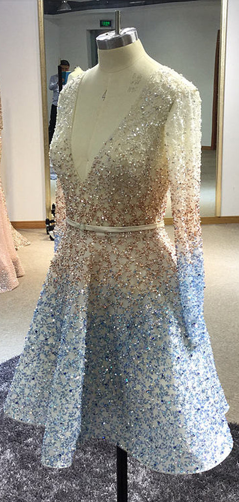 Stunning Sparkly Beading Sequin Long Sleeve V-neck Homecoming Dresses,HD0047