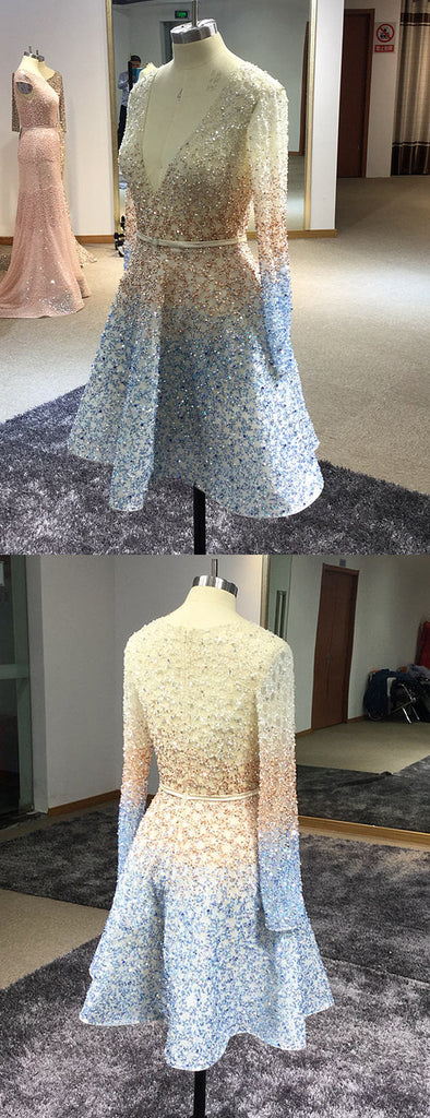 Stunning Sparkly Beading Sequin Long Sleeve V-neck Homecoming Dresses,HD0047