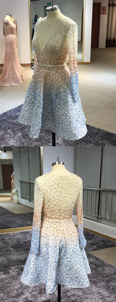 Stunning Sparkly Beading Sequin Long Sleeve V-neck Homecoming Dresses,HD0047