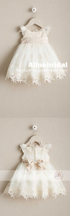 Sweet Ivory Lace Round Neck Cap Sleeve Flower Girl Dresses, FGS088