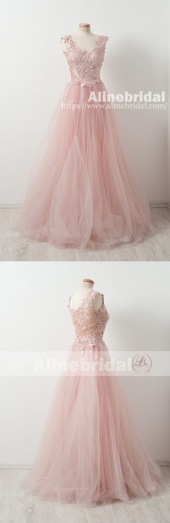 Sweet Pink Lace Top Tulle Scoop Neck Sleeveless Elegant Prom Dresses ,PD00104