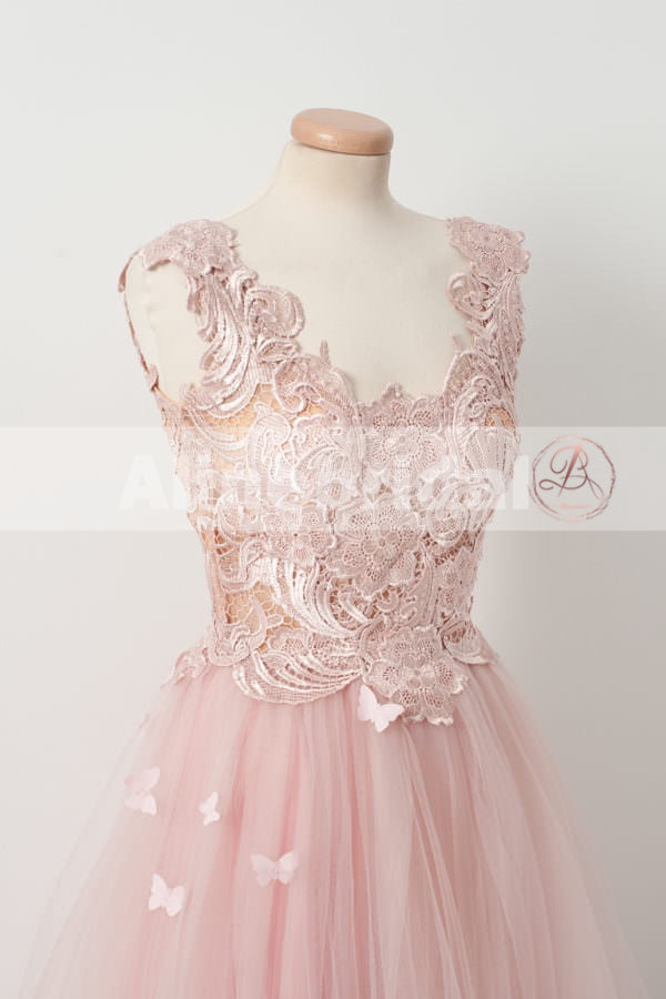Sweet Pink Lace Top Tulle Scoop Neck Sleeveless Elegant Prom Dresses ,PD00104