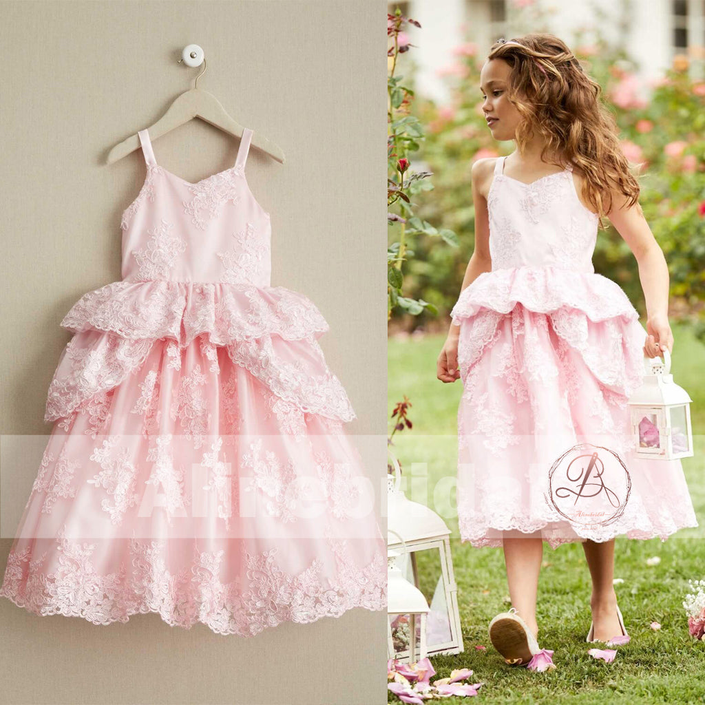 Sweet Pink Lace Unique Ball Gown Spaghetti Straps Flower Girl Dresses, FGS062