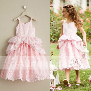 Sweet Pink Lace Unique Ball Gown Spaghetti Straps Flower Girl Dresses, FGS062