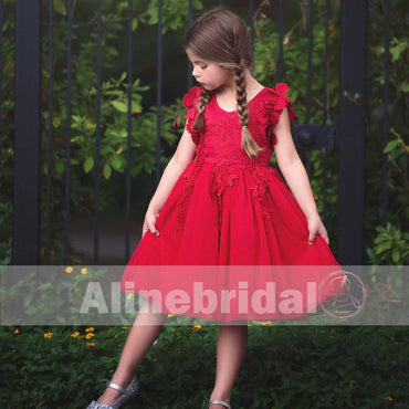 Sweet Red Appliques Tulle Pretty Sleeveless Short Flower Girl Dresses, FGS073