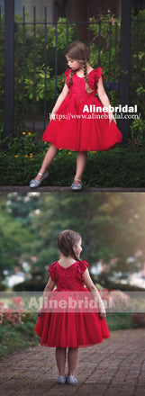 Sweet Red Appliques Tulle Pretty Sleeveless Short Flower Girl Dresses, FGS073