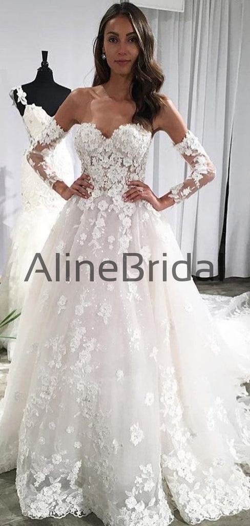 Sweetheart Strapless Half Sleeve Lace Applique Ball Gown With Train Vintage Wedding Dresses, AB1554