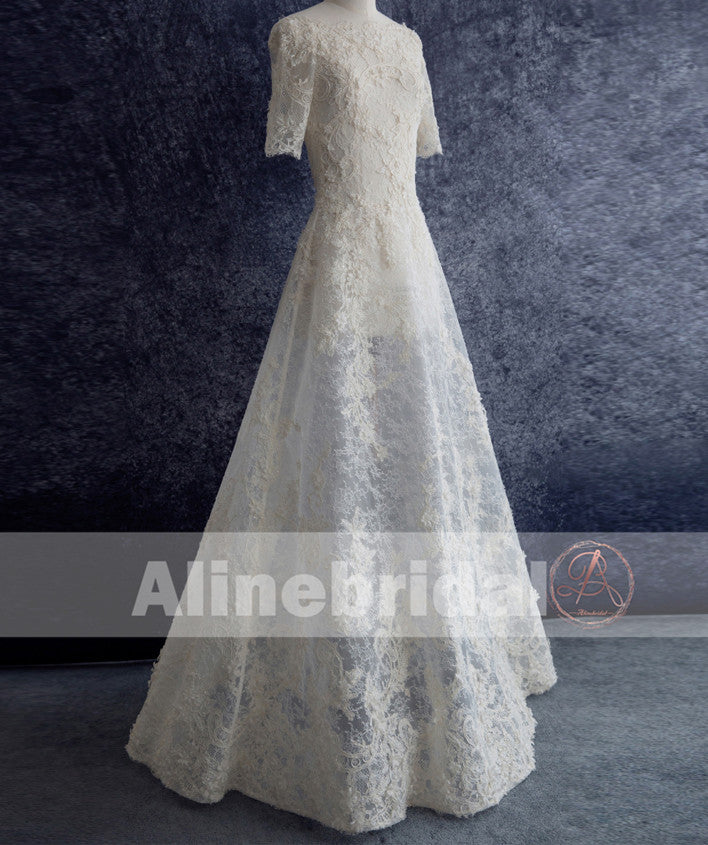 Charming Gorgeous Lace Straight Neckline  Short Sleeve A-line Wedding Dresses, AB1125