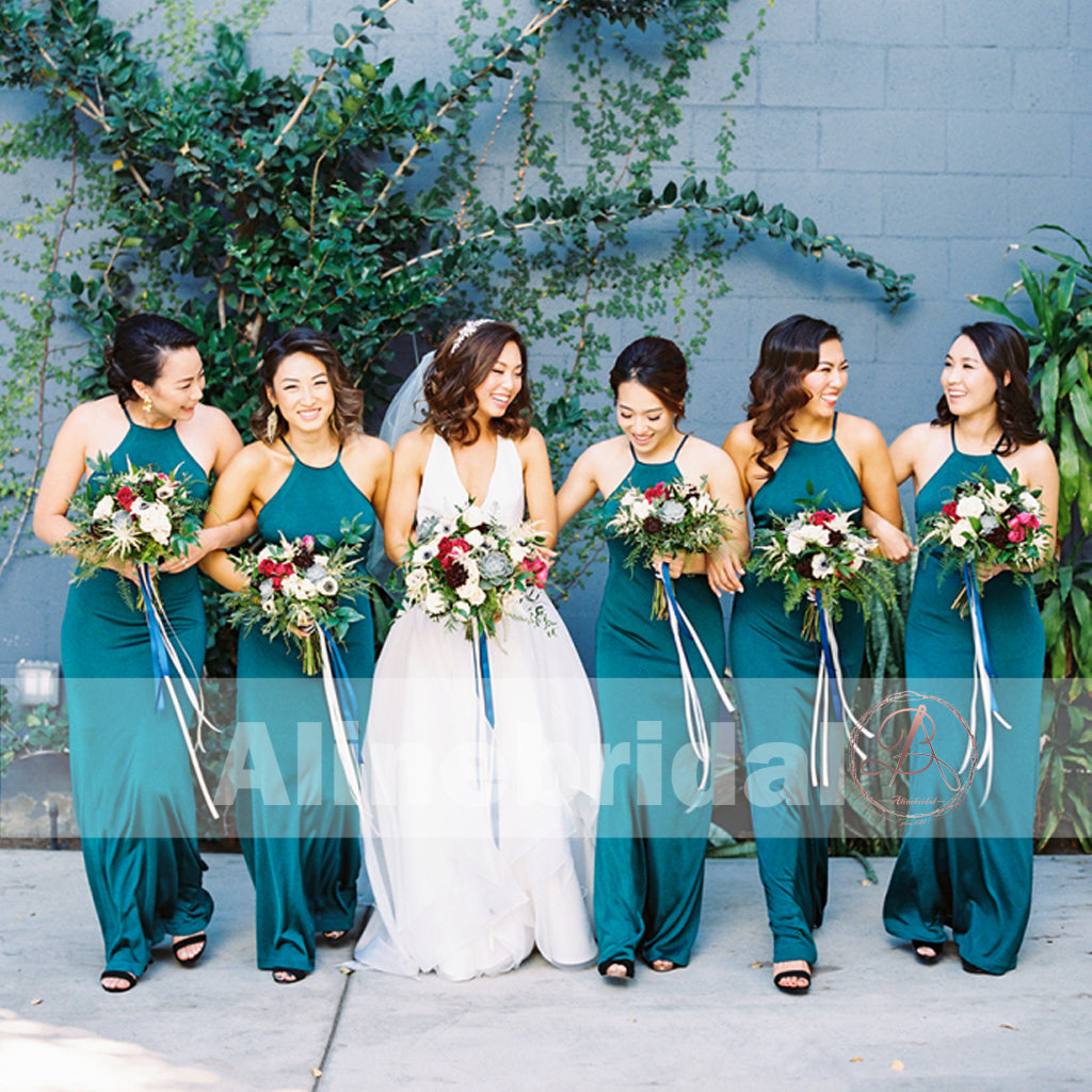 Teal Chiffon Halter Maxi Simple Bridesmaid Dresses For Summer