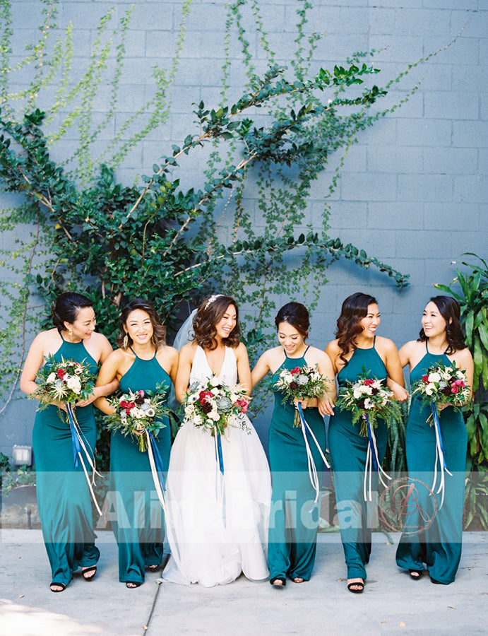 Teal Chiffon Halter Maxi Simple Bridesmaid Dresses For Summer Wedding AlineBridal
