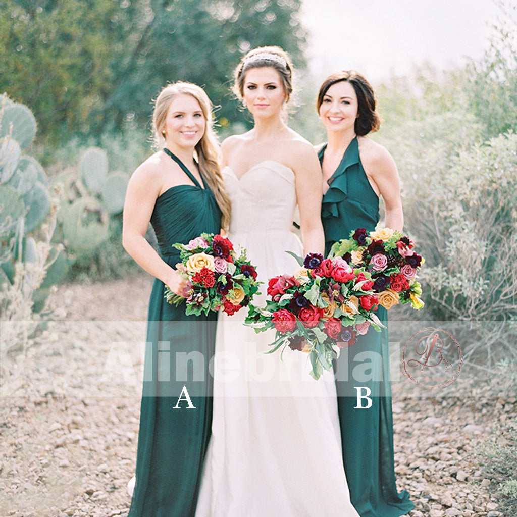 Teal Chiffon Mismatched Halter Sleeveless Simple Bridesmaid Dresses, AB1213