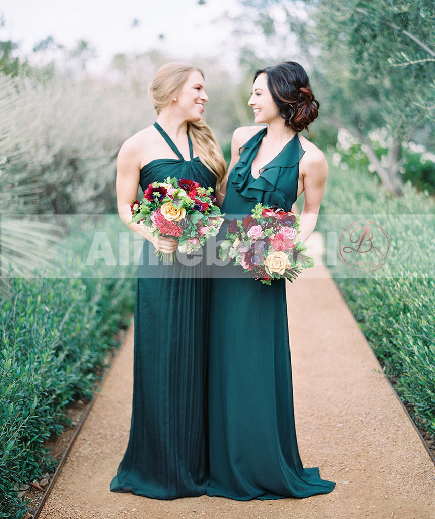 Teal Chiffon Mismatched Halter Sleeveless Simple Bridesmaid Dresses, AB1213