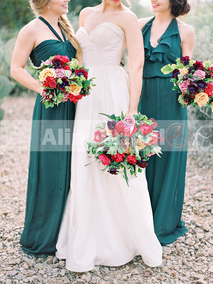 Teal Chiffon Mismatched Halter Sleeveless Simple Bridesmaid Dresses, AB1213