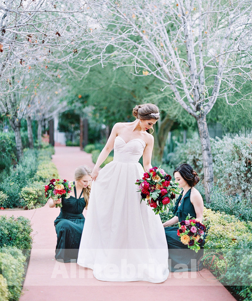 Teal Chiffon Mismatched Halter Sleeveless Simple Bridesmaid Dresses, AB1213