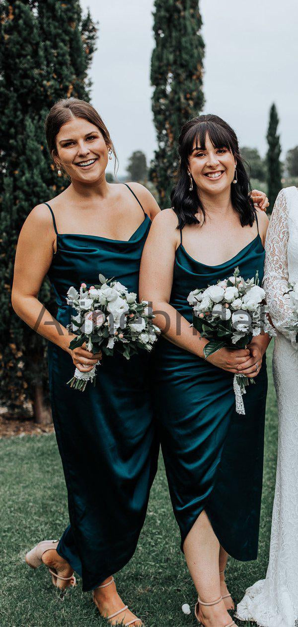 Teal Elastic Satin Spaghetti Strap Ankle Length Sheath Bridesmaid Dres   AlineBridal