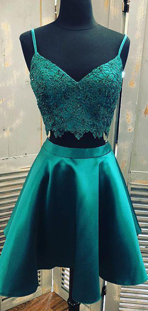 Teal Green Spaghetti Strap Two Piece Lace Satin Homecoming Dresses ,HD0043