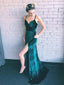 Teal Green Velvet Lace Up Back Side Slit Prom Dresses ,PD00307