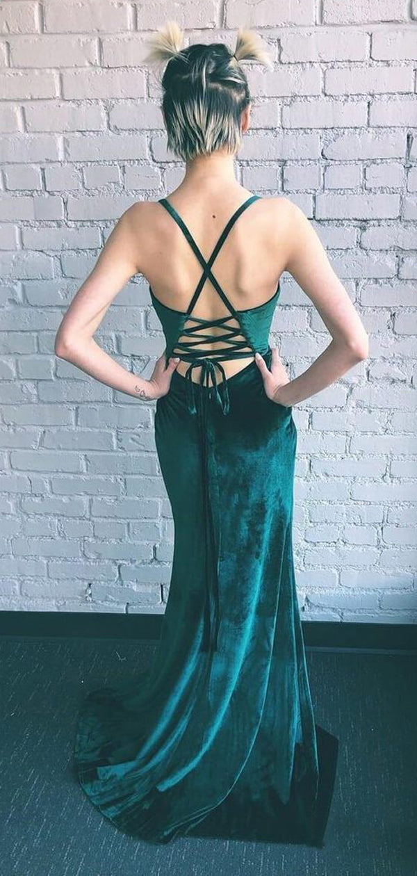 Teal Green Velvet Lace Up Back Side Slit Prom Dresses ,PD00307 AlineBridal Teal Green Velvet Lace Up Back Side Slit Prom Dresses ,PD00307 AlineBridal