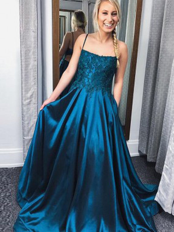 Teal Satin Lace Spaghetti Strap Open Back A-line Prom Dresses,PD00360 –  AlineBridal