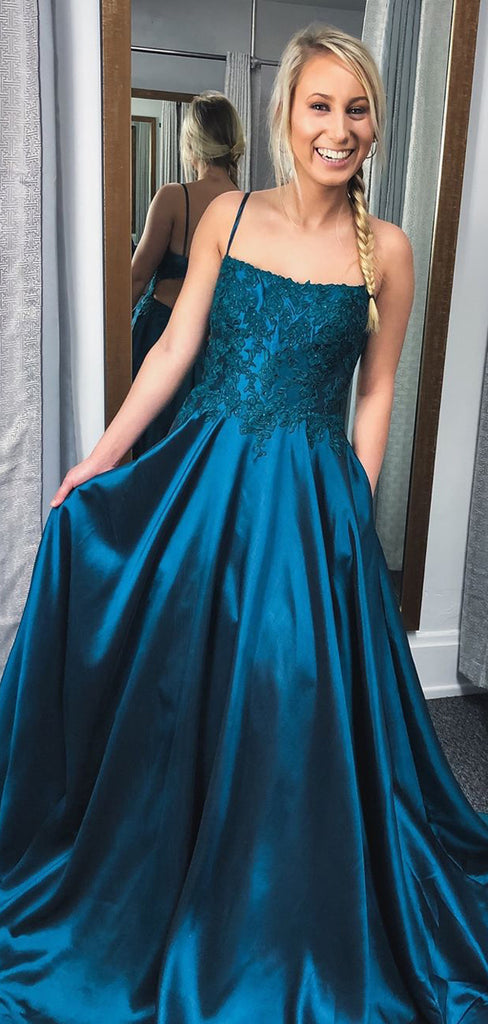 Teal Satin Lace Spaghetti Strap Open Back A-line Prom Dresses,PD00360