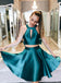 Teal Soft Satin Halter Two Piece Open Back Bow homecoming dresses, BD001185