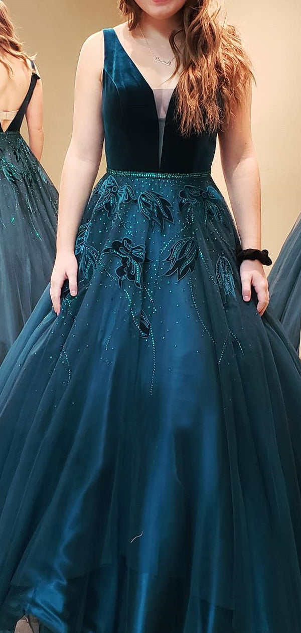 Teal Velvet Beading Tulle Sleeveless Charming Prom Dresses.PD00285 – AlineBridal
